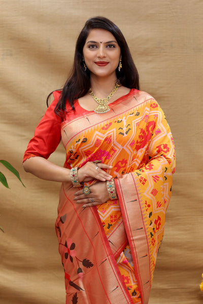 Glowing Yellow Paithani Silk Saree With Ravishing Blouse Piece