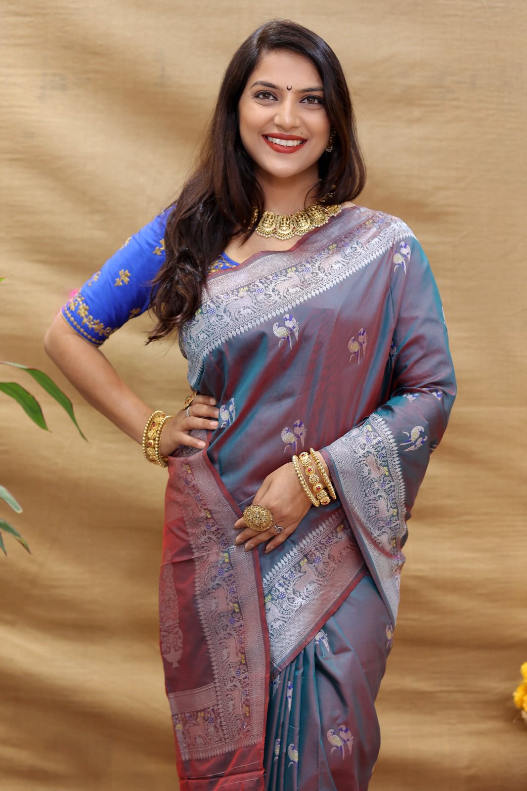 Jazzy Dark Grey Soft Banarasi Silk Saree With Radiant Blouse Piece