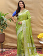 Fairytale Green Soft Banarasi Silk Saree With Chatoyant Blouse Piece