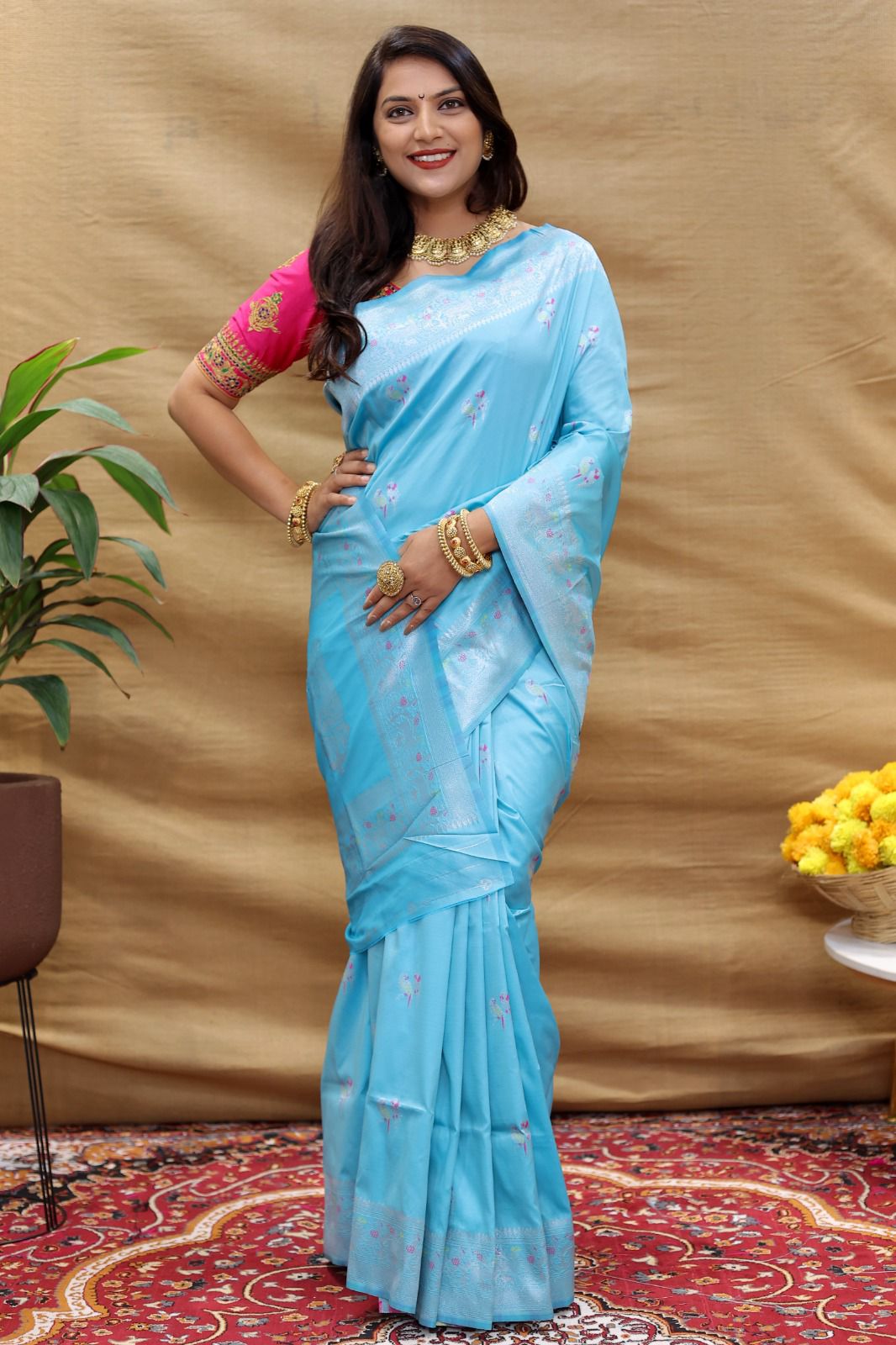 Beautiful Sky Soft Banarasi Silk Saree With Impressive Blouse Piece