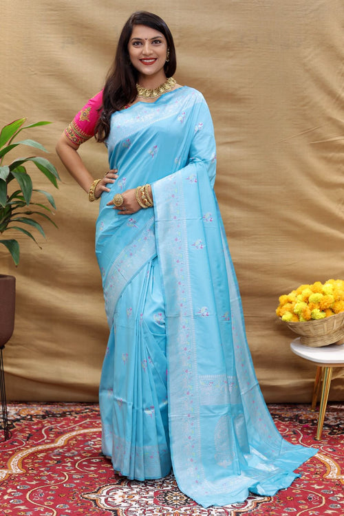 Load image into Gallery viewer, Beautiful Sky Soft Banarasi Silk Saree With Impressive Blouse Piece
