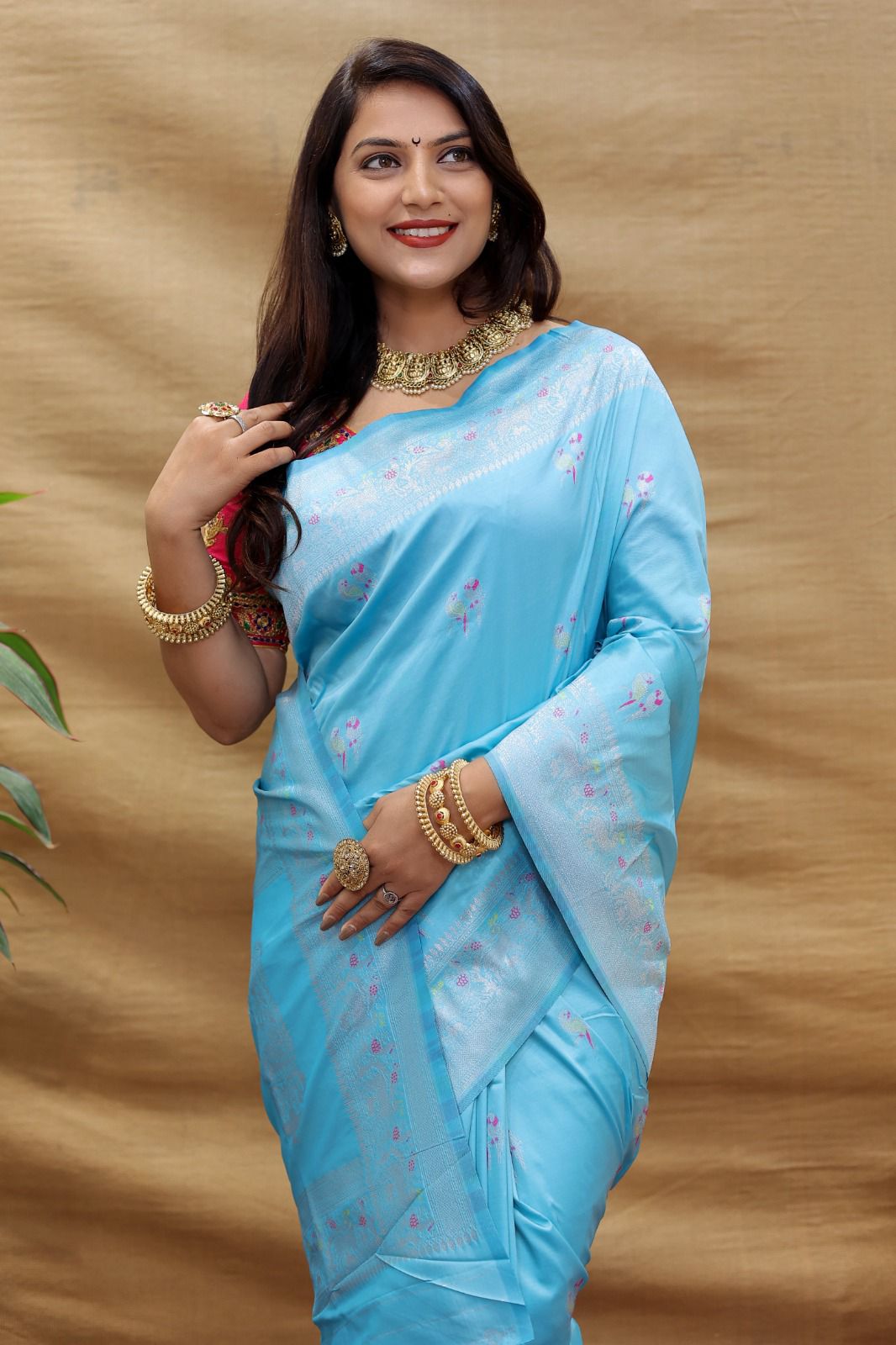 Beautiful Sky Soft Banarasi Silk Saree With Impressive Blouse Piece