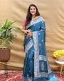 Appealing Teal Blue Soft Banarasi Silk Saree With Hypnotic Blouse Piece