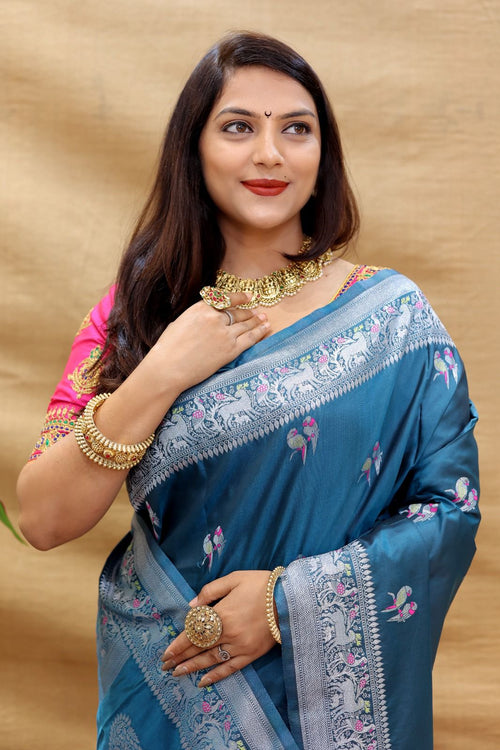 Load image into Gallery viewer, Appealing Teal Blue Soft Banarasi Silk Saree With Hypnotic Blouse Piece
