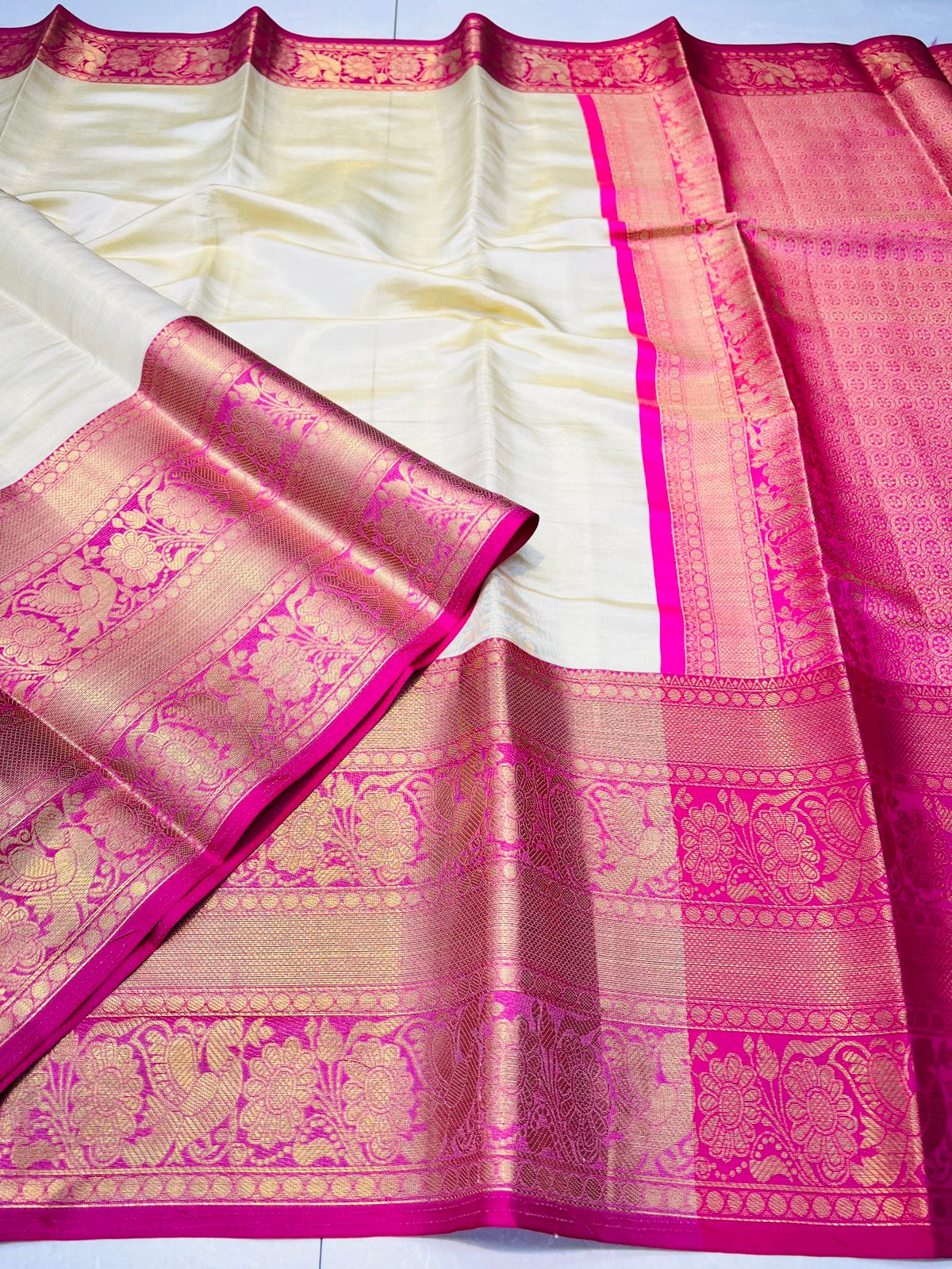 Demure Beige Kanjivaram Silk Saree With Forbearance Blouse Piece