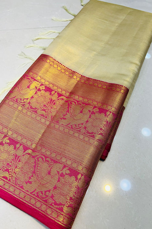 Load image into Gallery viewer, Demure Beige Kanjivaram Silk Saree With Forbearance Blouse Piece
