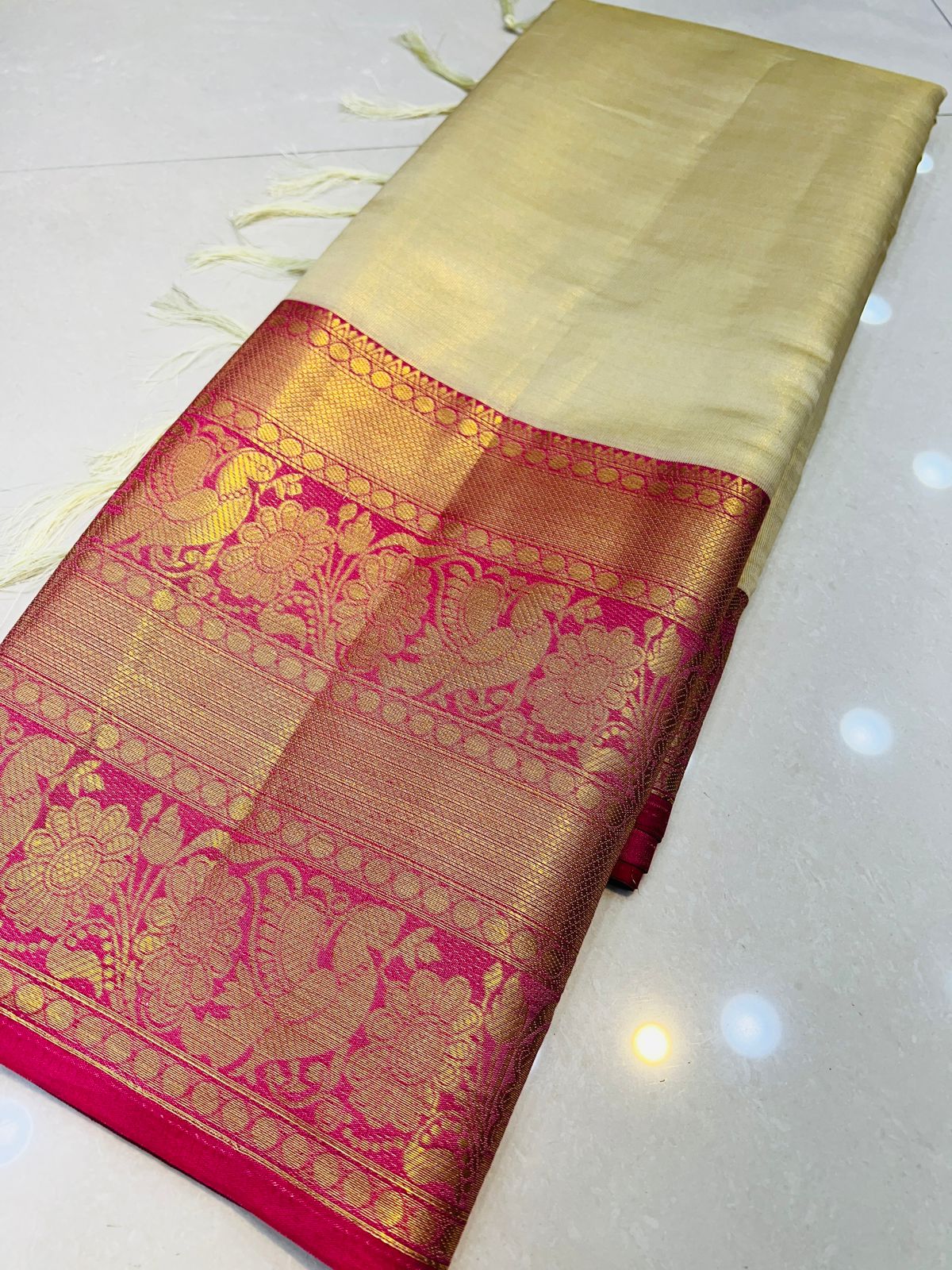 Demure Beige Kanjivaram Silk Saree With Forbearance Blouse Piece