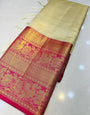 Demure Beige Kanjivaram Silk Saree With Forbearance Blouse Piece