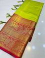 Susurrous Parrot Kanjivaram Silk Saree With Confounding Blouse Piece