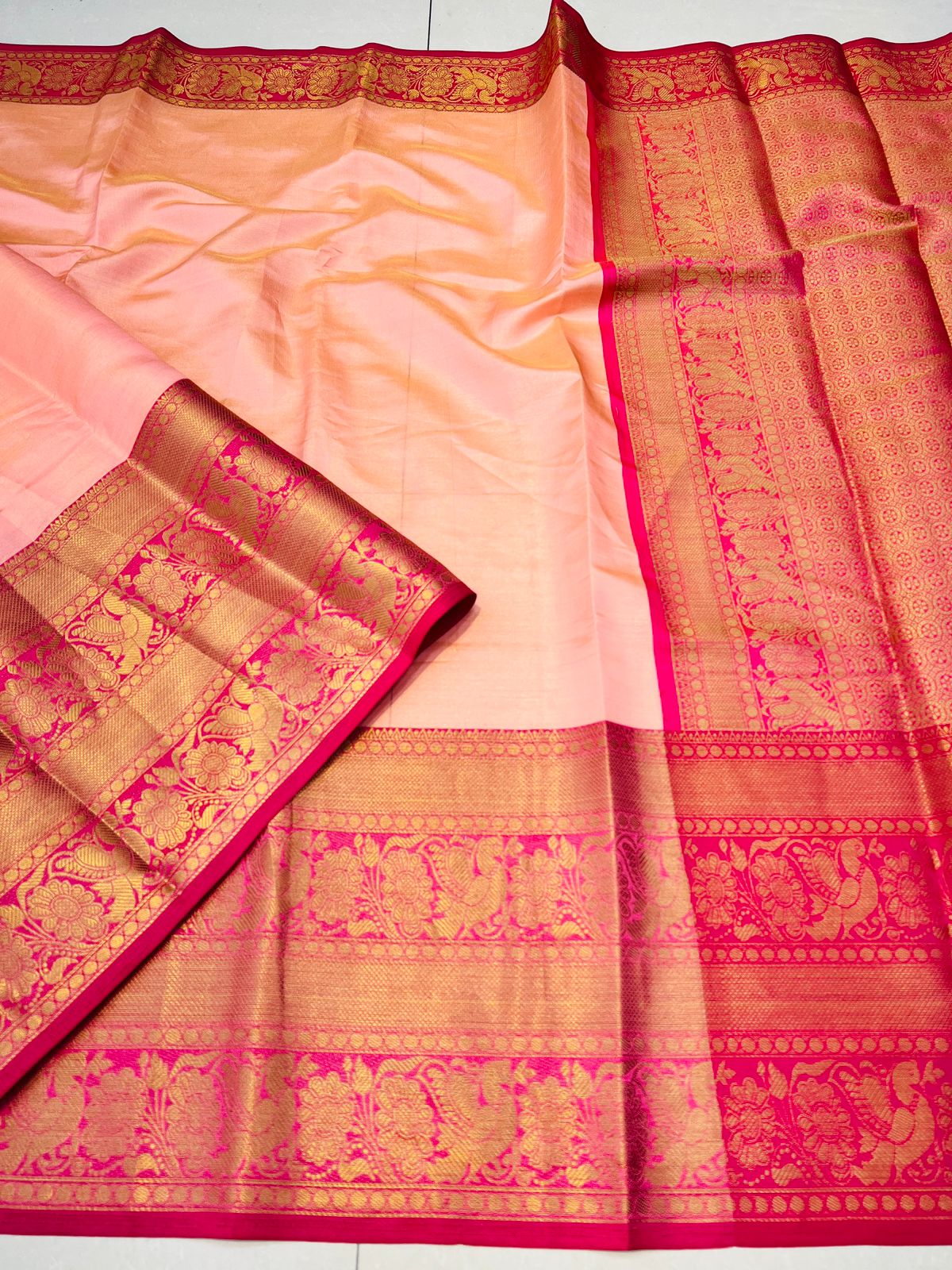 Elegant Semi Soft Silk Sandal Colour With Dark Pink Border Saree SS46