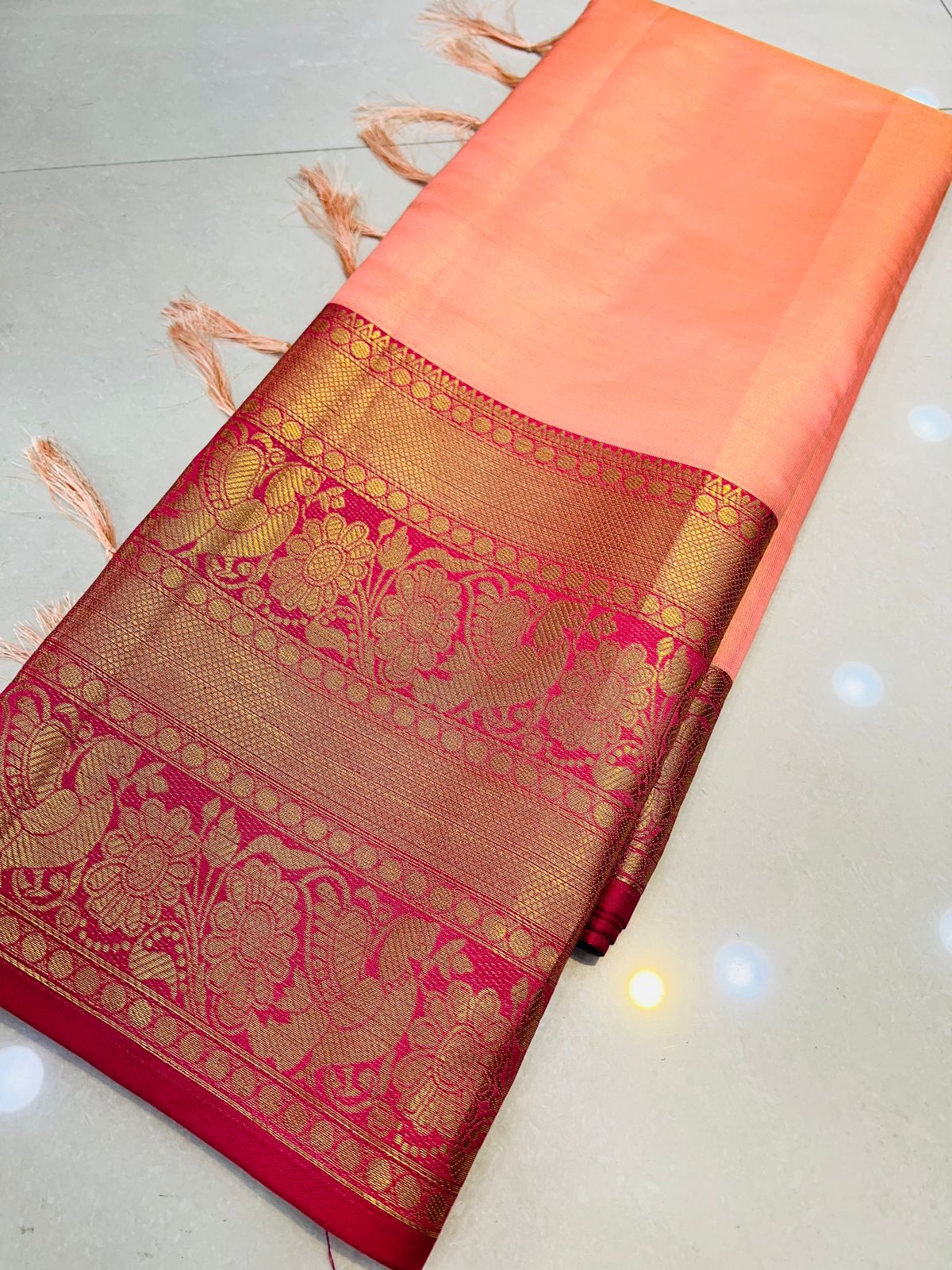 Enchanting Pink Kanjivaram Silk Saree With Splendorous Blouse Piece