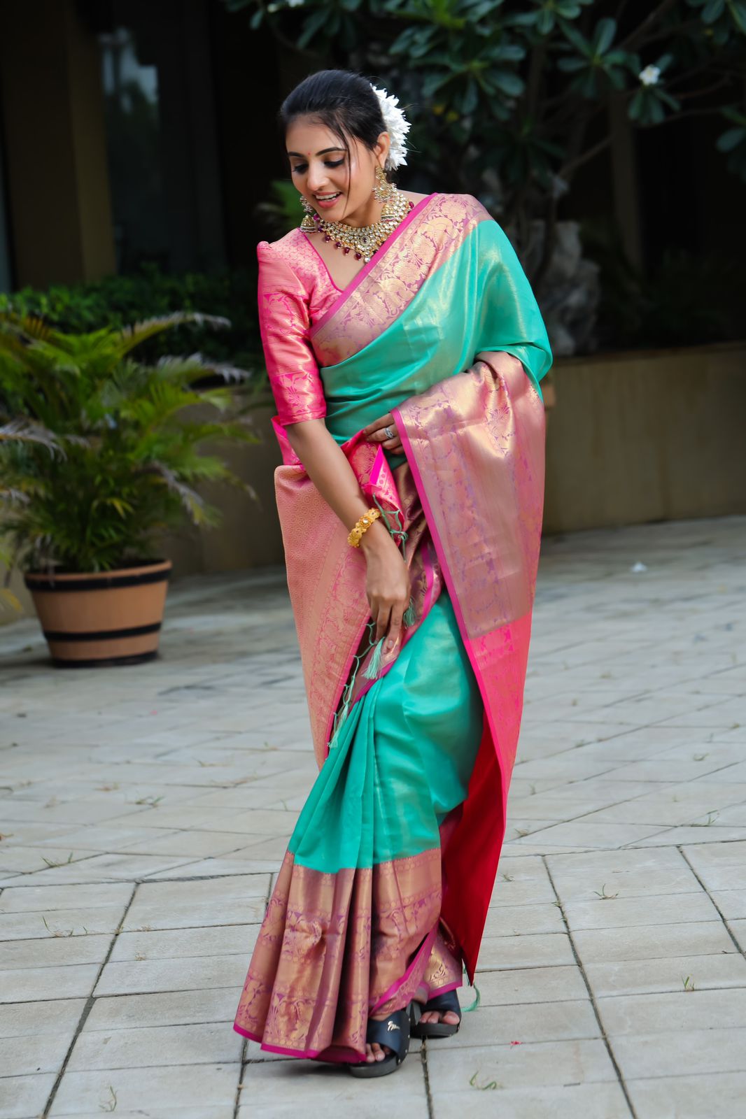 Magnificient Pista Green Silk Saree with Pink Blouse