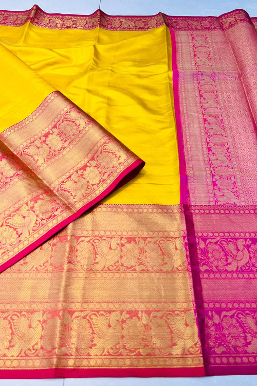 Load image into Gallery viewer, Nemesis Yellow Kanjivaram Silk Saree With Fugacious Blouse Piece
