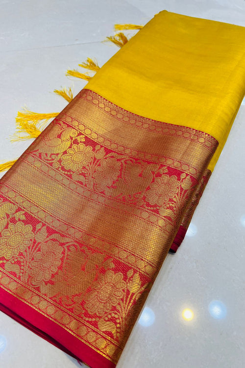 Load image into Gallery viewer, Nemesis Yellow Kanjivaram Silk Saree With Fugacious Blouse Piece
