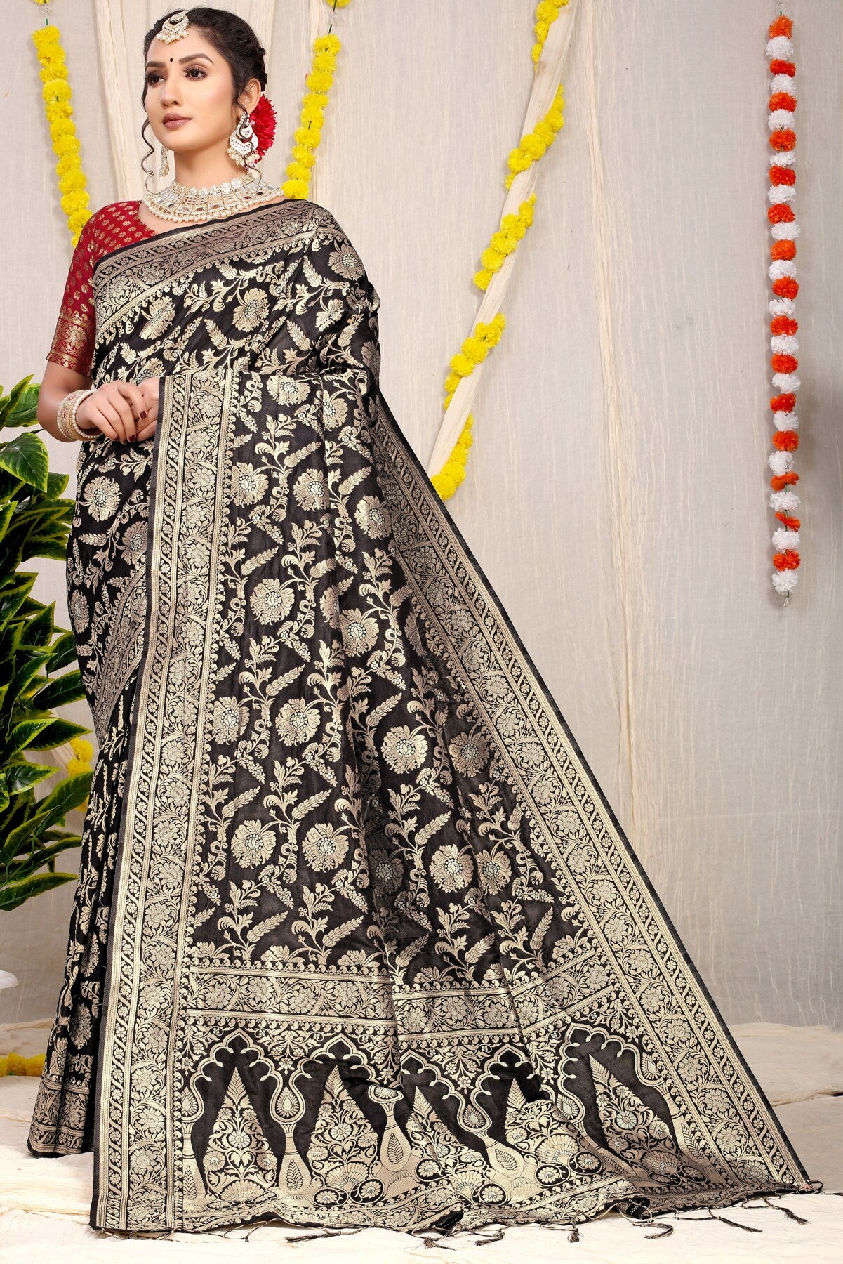 Mesmerising Black Soft Banarasi Silk Saree With Nemesis Blouse Piece