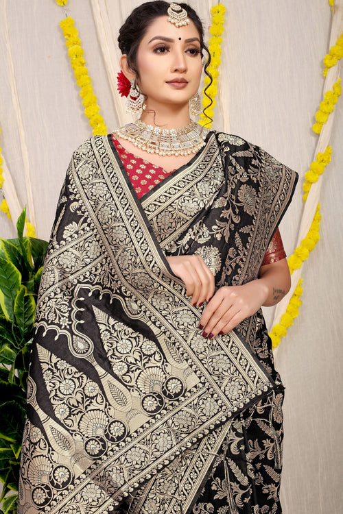 Load image into Gallery viewer, Mesmerising Black Soft Banarasi Silk Saree With Nemesis Blouse Piece
