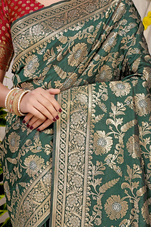 Load image into Gallery viewer, Lovely Dark Green Soft Banarasi Silk Saree With Nemesis Blouse Piece
