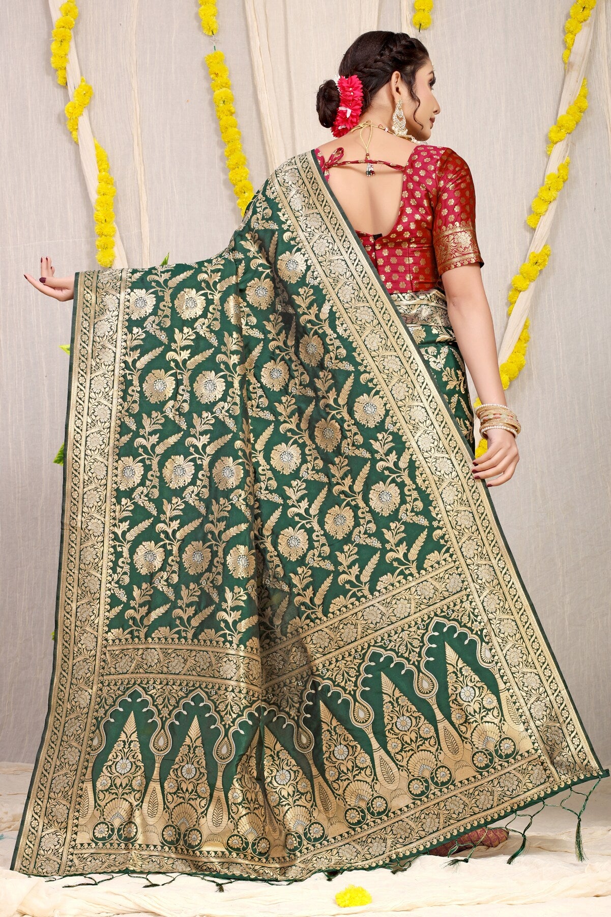 Mehandi Pure Banarasi Silk Saree With Kutchi Work & Mirror Heavy Work - VJV  Now - India