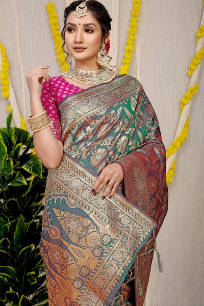 Gratifying Grey Soft Banarasi Silk Saree With Nemesis Blouse Piece