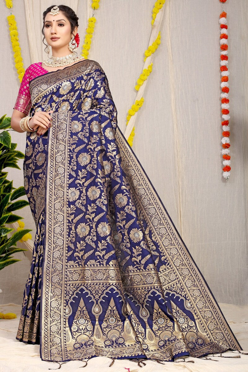 Refreshing Navy Blue Soft Banarasi Silk Saree With Nemesis Blouse Piece