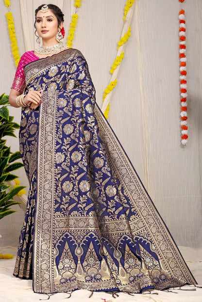 Refreshing Navy Blue Soft Banarasi Silk Saree With Nemesis Blouse Piece