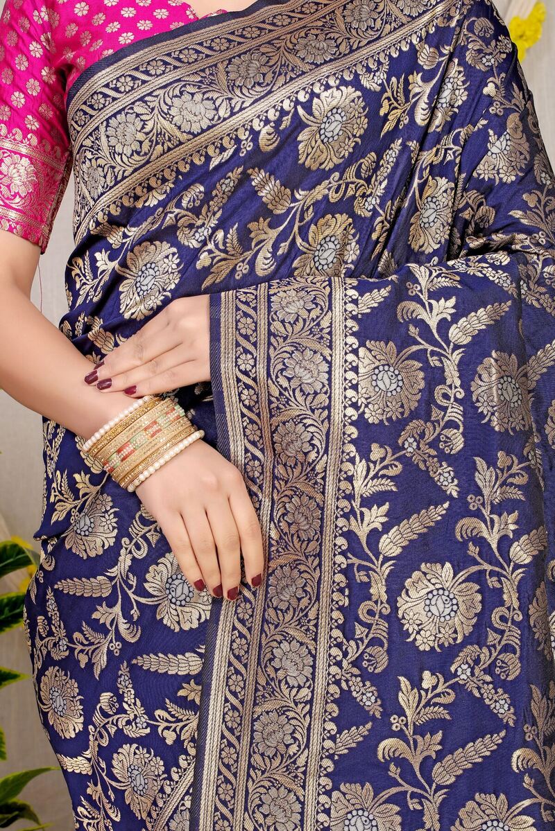 Refreshing Navy Blue Soft Banarasi Silk Saree With Nemesis Blouse Piece