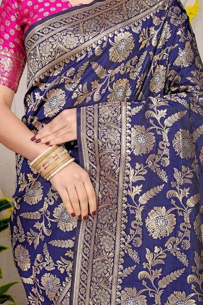 Refreshing Navy Blue Soft Banarasi Silk Saree With Nemesis Blouse Piece