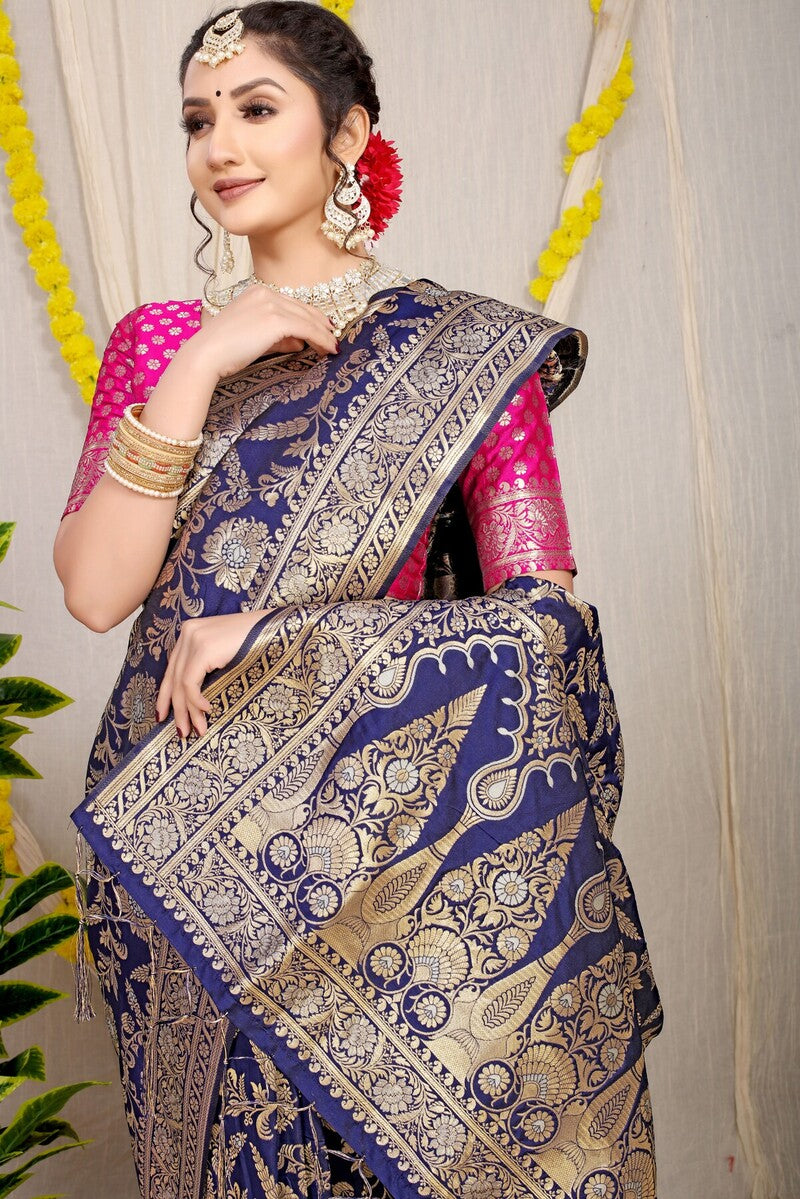 Refreshing Navy Blue Soft Banarasi Silk Saree With Nemesis Blouse Piece