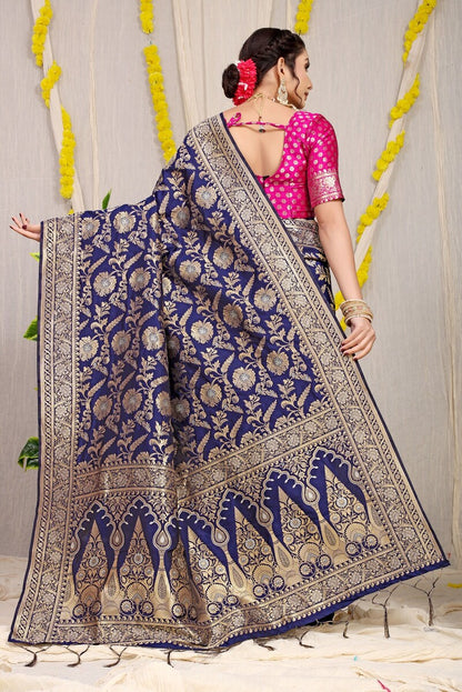 Refreshing Navy Blue Soft Banarasi Silk Saree With Nemesis Blouse Piece
