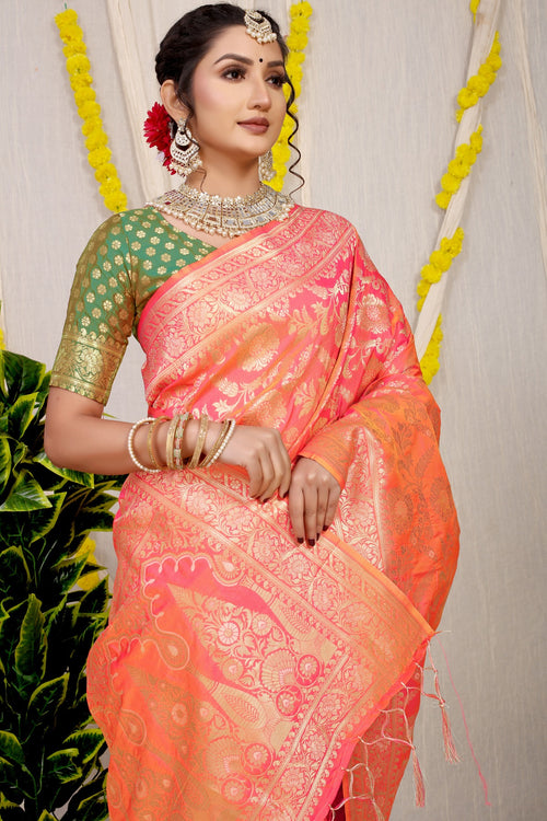 Load image into Gallery viewer, Gleaming Orange Soft Banarasi Silk Saree With Nemesis Blouse Piece
