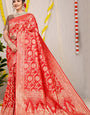 Eye-catching Red Soft Banarasi Silk Saree With Nemesis Blouse Piece