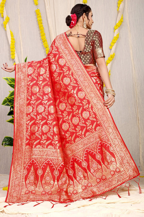 Load image into Gallery viewer, Eye-catching Red Soft Banarasi Silk Saree With Nemesis Blouse Piece
