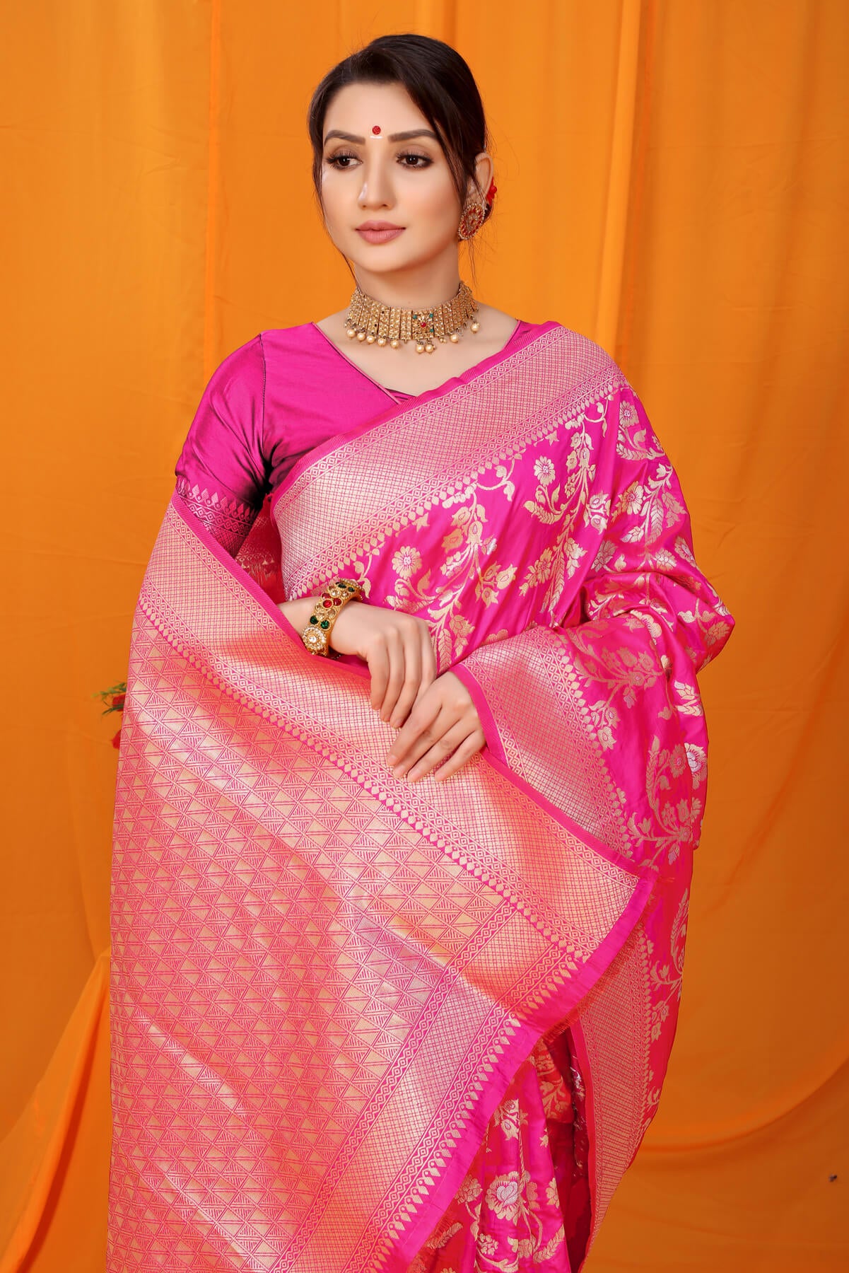 Stunning Dark Pink Kanjivaram Silk With Scintilla Blouse Piece