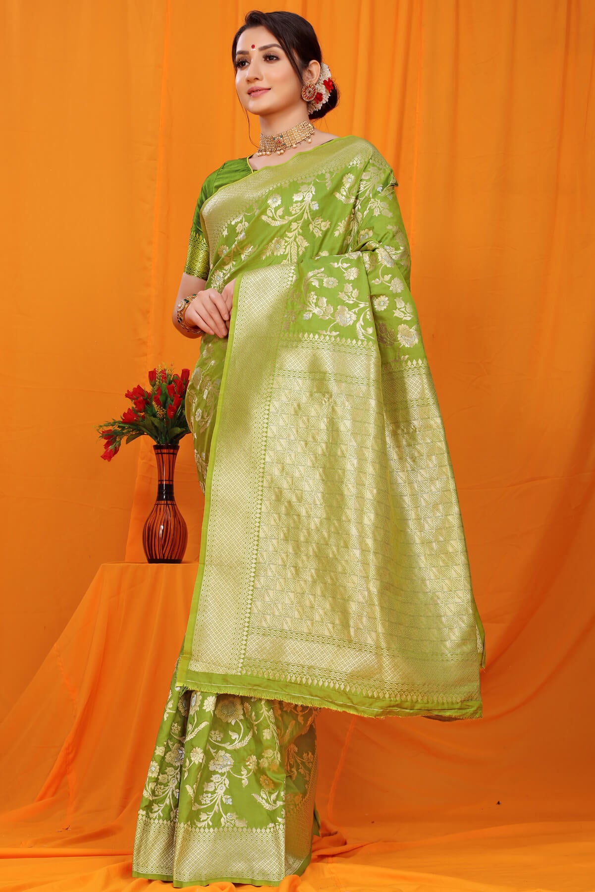 Trendy Green Kanjivaram Silk With Scintilla Blouse Piece