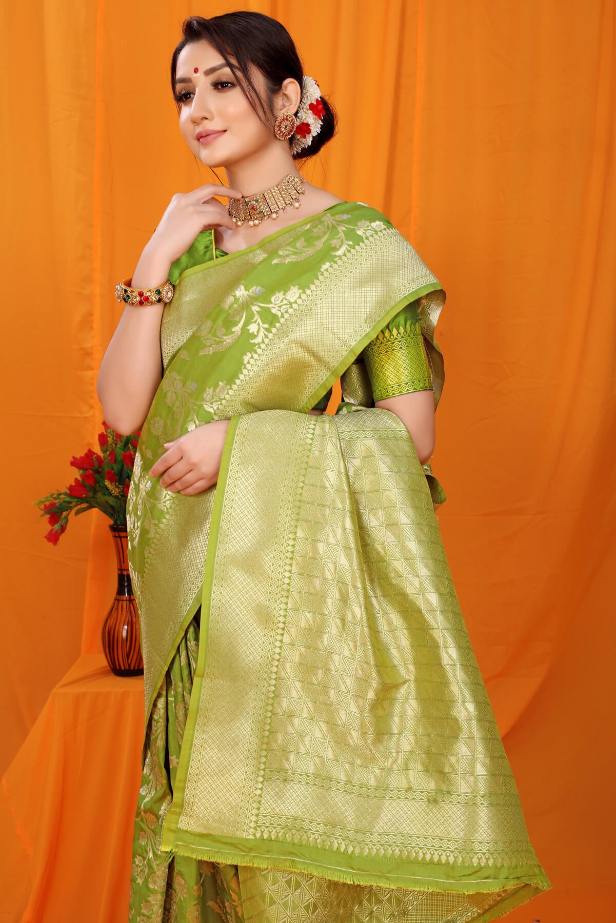 Trendy Green Kanjivaram Silk With Scintilla Blouse Piece