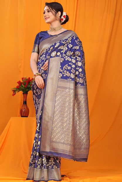 Gleaming Navy Blue Kanjivaram Silk With Scintilla Blouse Piece