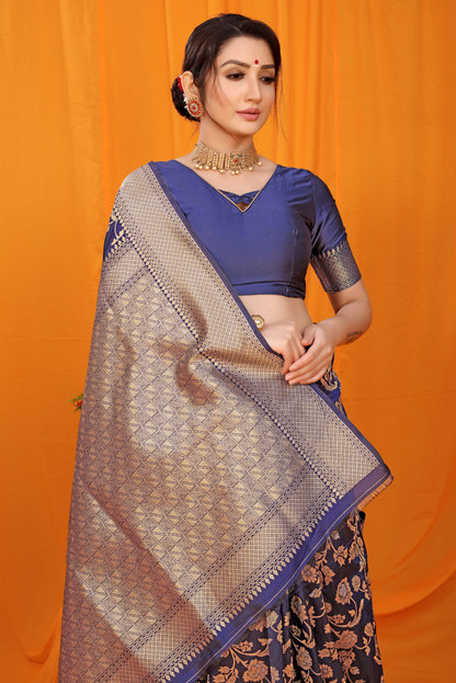 Gleaming Navy Blue Kanjivaram Silk With Scintilla Blouse Piece