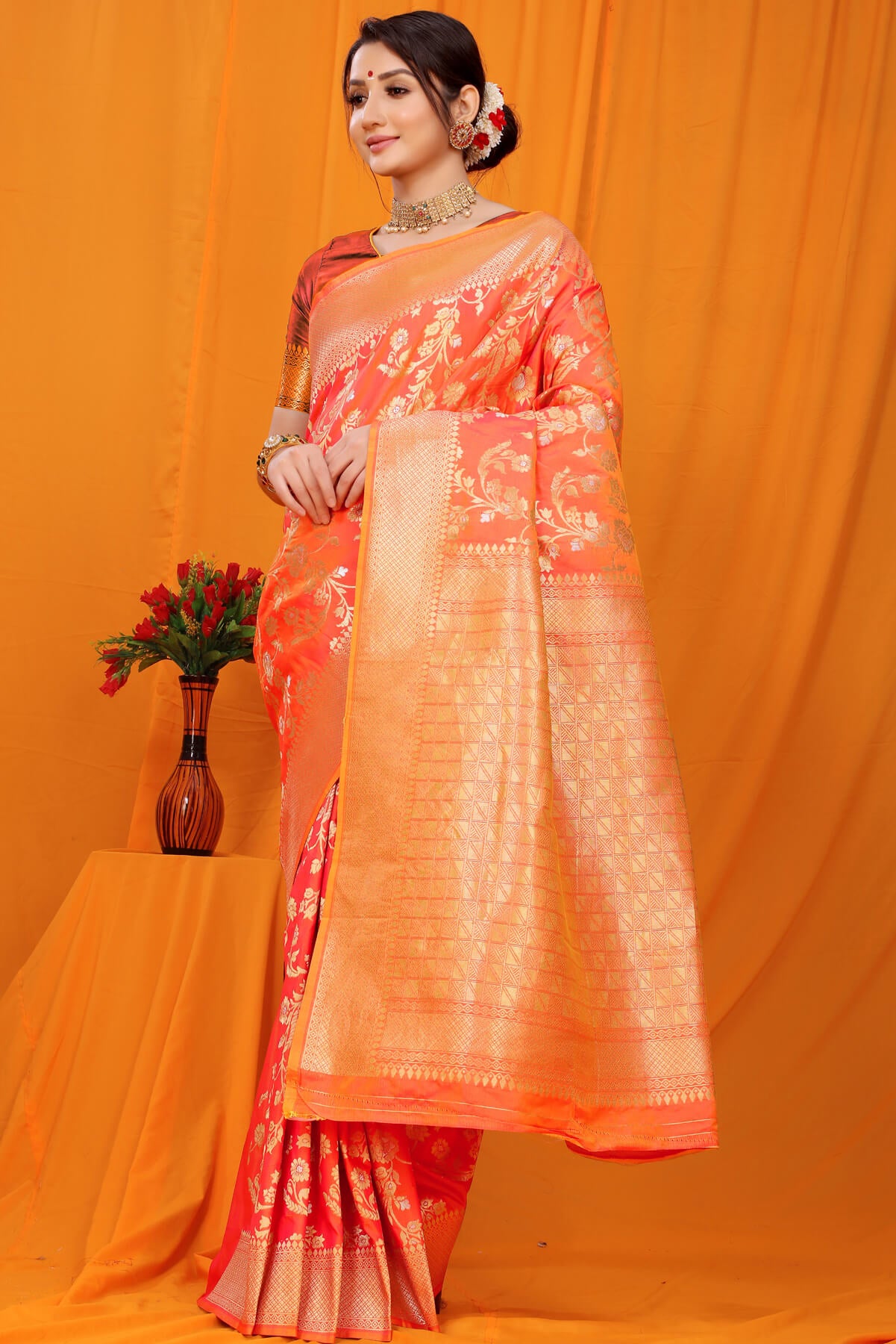 Refreshing Orange Kanjivaram Silk With Scintilla Blouse Piece