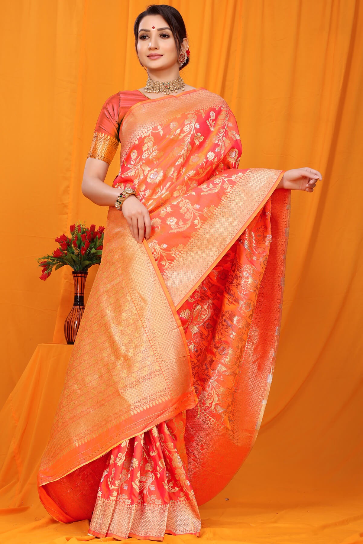 Refreshing Orange Kanjivaram Silk With Scintilla Blouse Piece