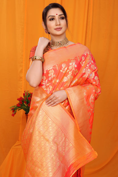 Refreshing Orange Kanjivaram Silk With Scintilla Blouse Piece