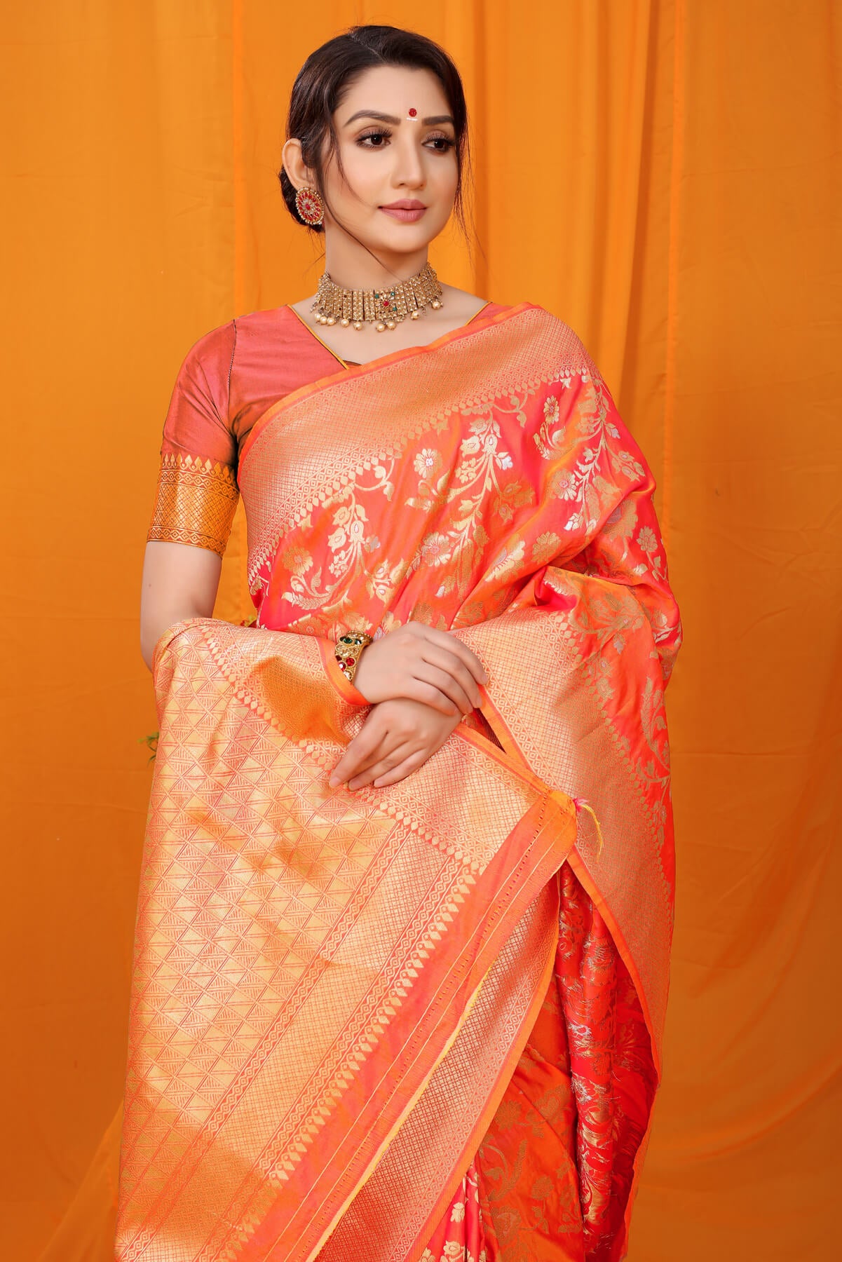 Refreshing Orange Kanjivaram Silk With Scintilla Blouse Piece