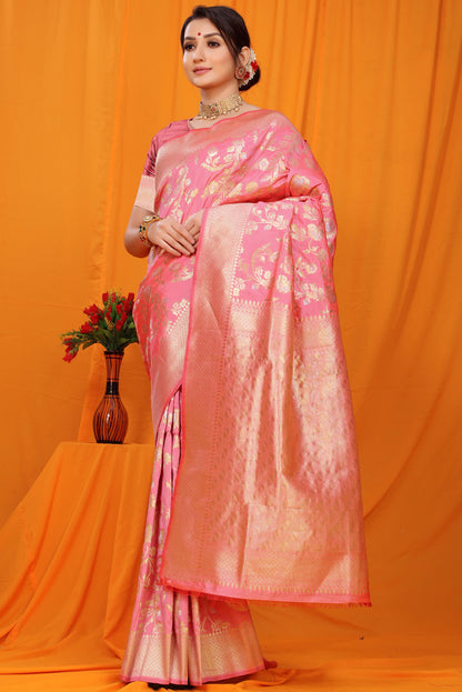 Gorgeous Pink Kanjivaram Silk With Scintilla Blouse Piece