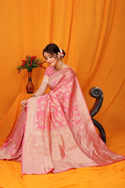 Gorgeous Pink Kanjivaram Silk With Scintilla Blouse Piece