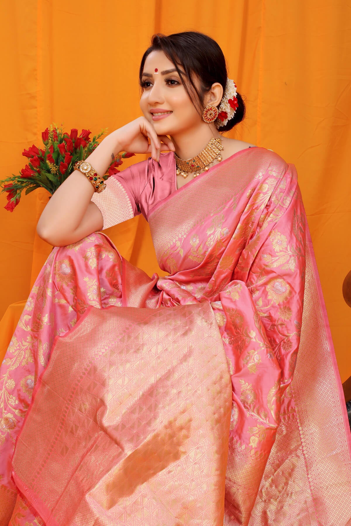 Gorgeous Pink Kanjivaram Silk With Scintilla Blouse Piece