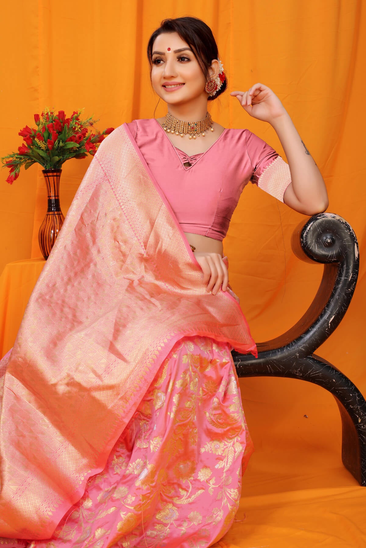 Gorgeous Pink Kanjivaram Silk With Scintilla Blouse Piece