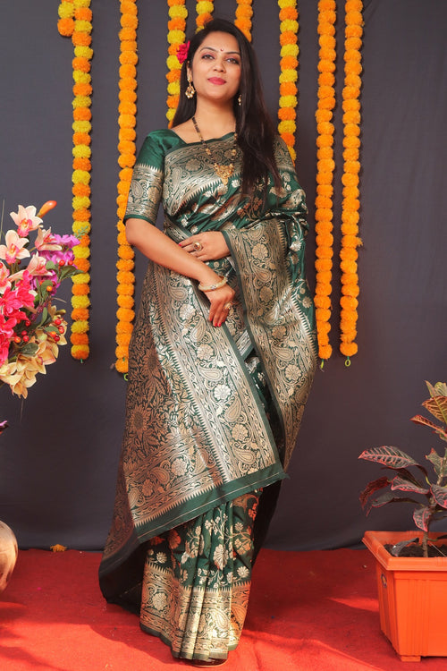 Load image into Gallery viewer, Serendipity Dark Green Banarasi Silk Saree With Pleasurable Blouse Piece
