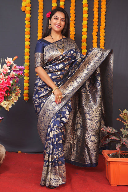 Seraglio Navy Blue Banarasi Silk Saree With Pleasurable Blouse Piece