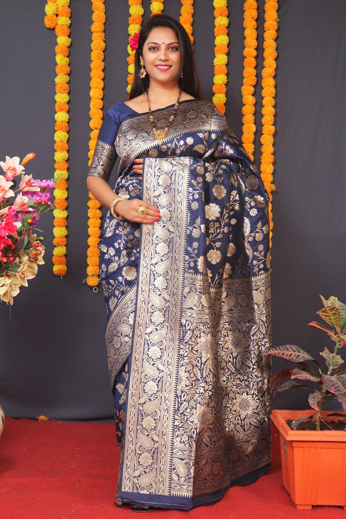 Load image into Gallery viewer, Seraglio Navy Blue Banarasi Silk Saree With Pleasurable Blouse Piece
