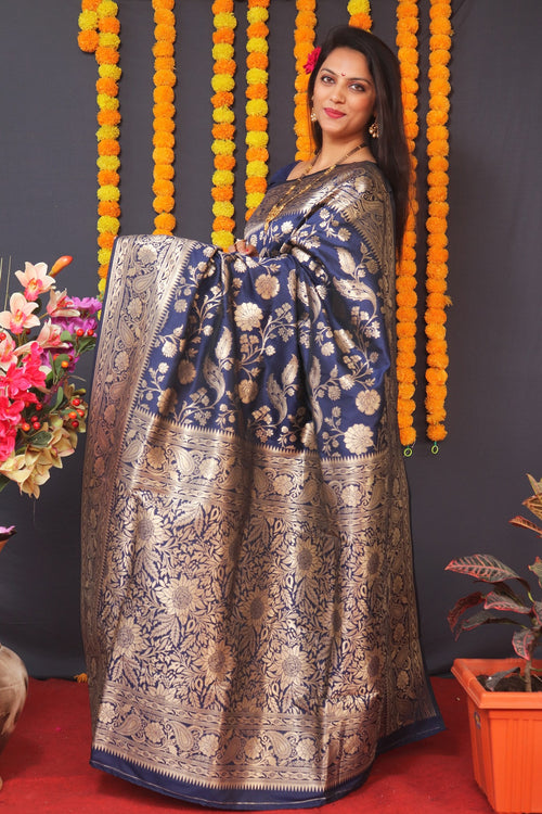 Load image into Gallery viewer, Seraglio Navy Blue Banarasi Silk Saree With Pleasurable Blouse Piece
