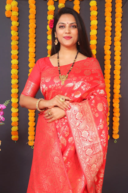 Sumptuous Red Banarasi Silk Saree With Pleasurable Blouse Piece